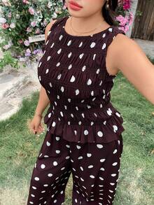 Modelyn Plus Size Women Casual Polka Dot Print Camisole & Pants 2 Pieces Set - Brown - View 1