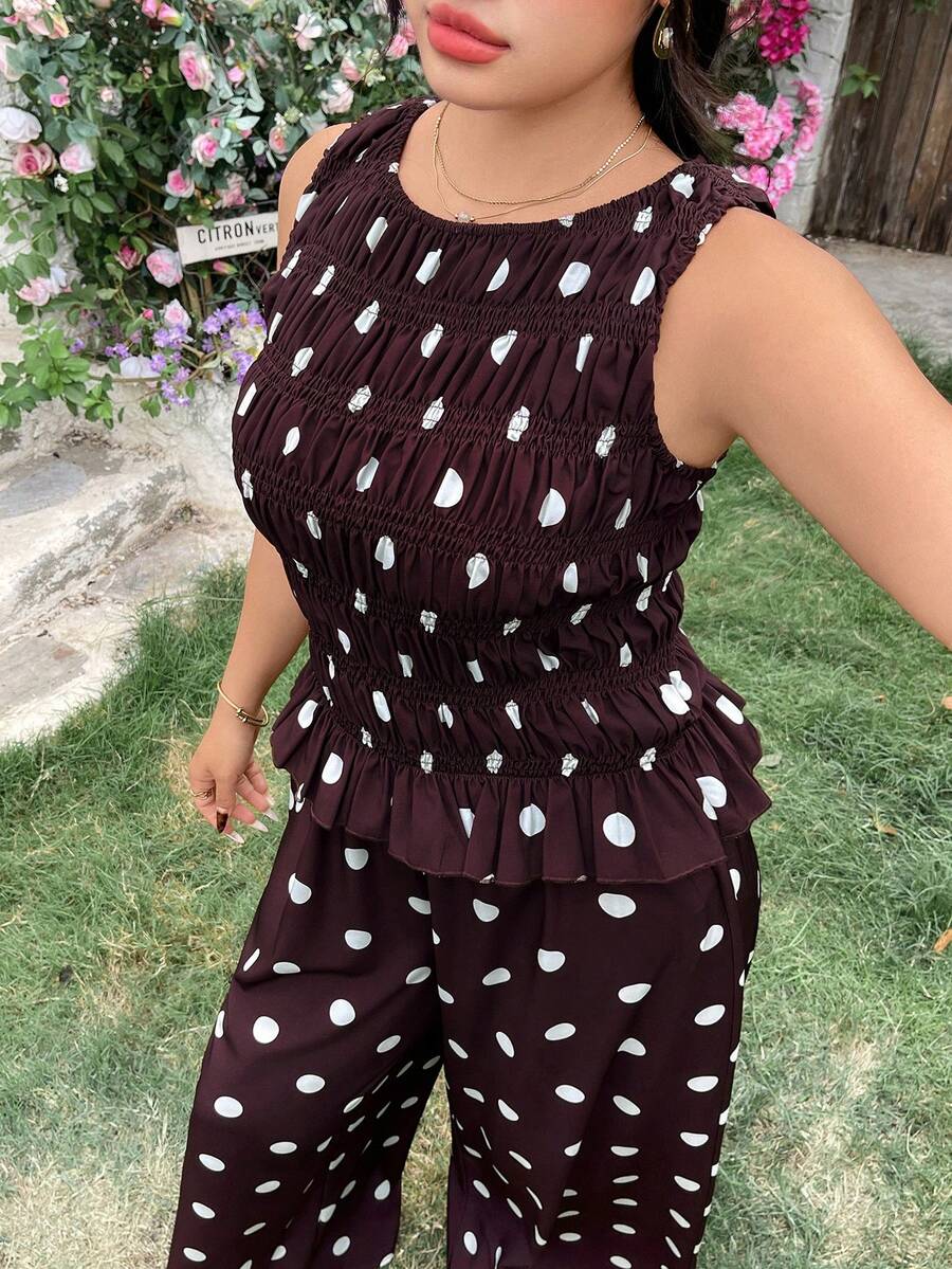 Modelyn Plus Size Women Casual Polka Dot Print Camisole & Pants 2 Pieces Set - Brown - View 1