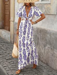 Vestido ajustado de manga corta con estampado de leopardo tejido y recorte hueco en la cintura para mujeres - Azul - Ver 5