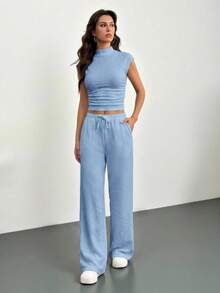SHEIN Tall 2件組女款夏季休閒居家服 淺藍色純色立領百褶上衣與長褲套裝，舒適運動服兩件套，適合高個女性 - 淺藍色 - 查看 5