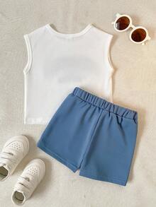 SHEIN Playful Pals 2件組 嬰幼兒男童夏季藍白條紋休閒海灘美式街頭風字母刺繡無袖背心短褲套裝 - 彩色 - 查看 3