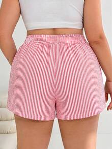 SHEIN EZwear 夏季大码女式休闲腰带扣条纹短裤 - 紅白色 - 查看 2