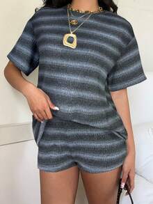 SHEIN EZwear 条纹针织休闲女装套装 - 深灰色 - 查看 5