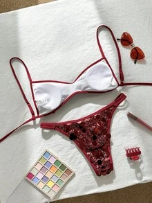 Swim Vcay Bộ bikini hai mảnh màu vàng sâm panh đính sequin, áo ngực cúp nhỏ và quần bơi buộc dây bên hông, trang phục gợi cảm cho kỳ nghỉ biển. - Màu Đỏ Sâu - Xem 2