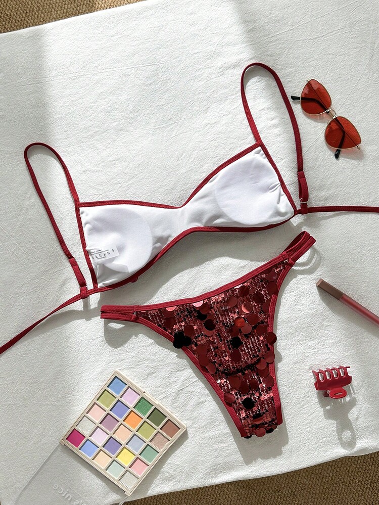 Swim Vcay Bộ bikini hai mảnh màu vàng sâm panh đính sequin, áo ngực cúp nhỏ và quần bơi buộc dây bên hông, trang phục gợi cảm cho kỳ nghỉ biển. - Màu Đỏ Sâu - Xem 2