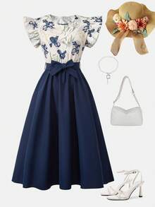 Teen Girl Elegant Floral Print Ruffle Sleeve Midi Dress With Waist Belt And Bow, Vacation Dresses - Navy Blue - View 6