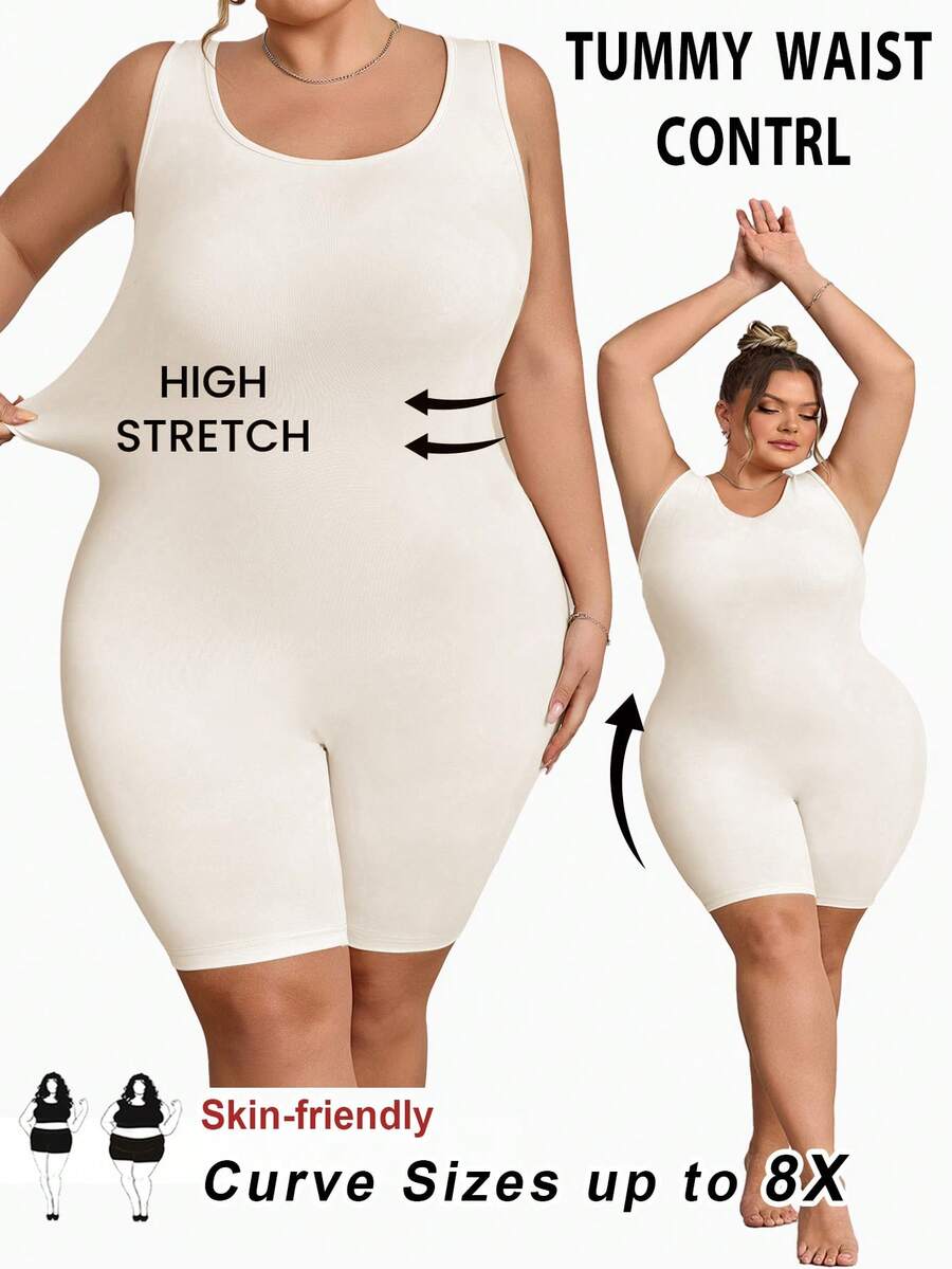 SHEIN CURVE+ 大码女士无缝塑身衣,胸部和臀部提拉 - 腹部、腰部和大腿塑形连体衣,曲线加大码,Hoho Vacation沙滩装/沙滩裙/沙滩度假装/沙滩必备/毕业典礼/下午茶派对礼服 - 米色 - 查看 1