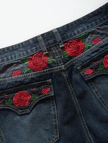 ROMWE MEN Pantalones cortos de mezclilla holgados con bordado floral para hombres - Azul - Ver 3