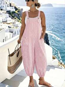 GlowEve CURVE Plus Size Women's Elegant Striped Pocket Jumpsuit With Drawstring, Suitable For Work And Commute, Spring/Summer - Pink - View 1