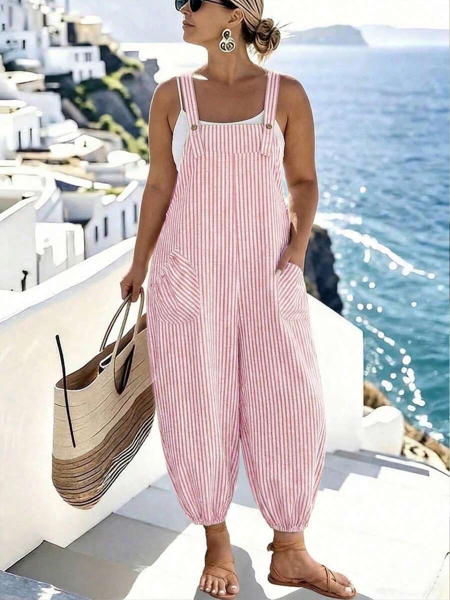 GlowEve CURVE Plus Size Women's Elegant Striped Pocket Jumpsuit With Drawstring, Suitable For Work And Commute, Spring/Summer - Pink - View 1
