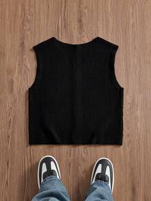 ESTAVOR Men's Solid Color Single-Breasted Casual Versatile Daily Wear Knit Top - Black - View 4