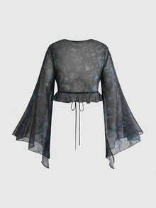 ROMWE Goth Top de malla con estampado floral de piel de serpiente gótico vintage azul con volantes y cintura con lazo para mujeres de talla grande - Azul - Ver 8