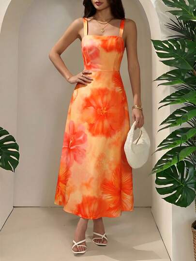 SHEIN PETITE Đầm nữ không tay, eo xếp ly, dáng chữ A, in hoa, thích hợp cho kỳ nghỉ xuân/hè.