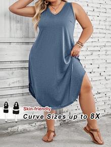 SHEIN CURVE+ Plus Size Women's Solid Color Curved Hem Vest Dress - Dusty Blue - View 6