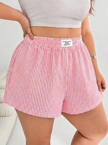 SHEIN EZwear 夏季大码女式休闲腰带扣条纹短裤 - 紅白色 - 查看 3