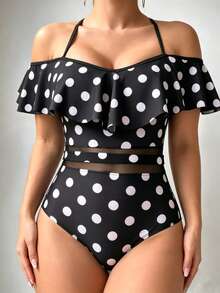 SHEIN Swim Women's Summer Beach Vacation Polka Dot Floral Print Ruffle Halter Splicing Sheer Mesh One-Piece Swimsuit - Black and White - View 5