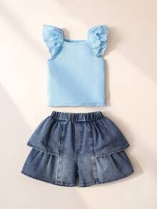 Maija Kids 2pcs Young Girls Light Blue Top And Denim Shorts Set,Summer School Style Casual Kids Outfits For Girls,Back To School Outing Daily Wear Coords - Blue - View 4