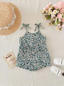 SHEIN Macacão Floral Fofo de Verão para Recém-Nascida - Azul cadete - Visão 2