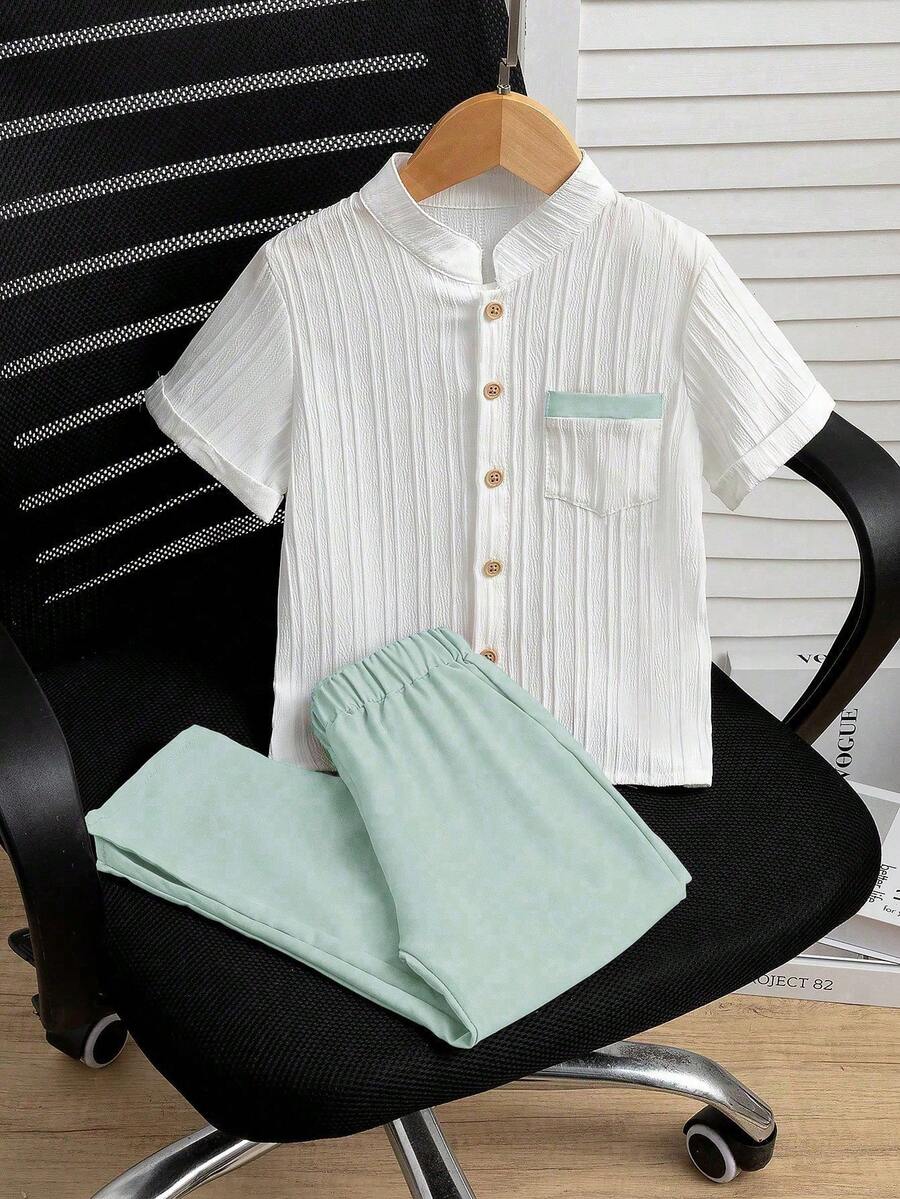 SHEIN 2件套幼儿男童休闲短袖上衣和裤子套装 - 薄荷綠 - 查看 1