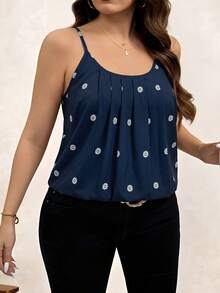 Chikora Camiseta de tirantes con pliegues y estampado de margaritas para mujer de talla grande - Azul Marino - Ver 4