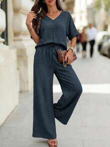 Editum Women's Summer Navy Blue Casual Everyday Solid Elegant Outfit,Textured Round Neck Short Sleeve Loose Top And Wide Leg Pants Set For Daily Vacation - Blue - View 9