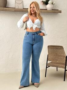SHEIN جينز ذو خصر عالي من القطن بنسبة 98% مع غسيل ثلجي ذو قصة واسعة للمقاسات الكبيرة - أزرق متوسط - مشاهدة 5