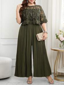 Reflora Mono ancho de pierna plisada con parches, bordados y malla elegante para mujer de talla grande, para verano - Verde - Ver 5