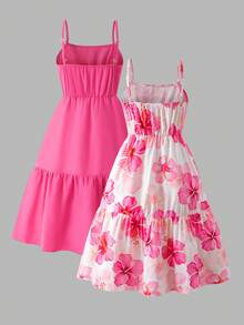 SHEIN Sparklyn Girls Pink Floral Summer Dress,Sweet Suspenders Boho Vacation Holiday Essential Set,Casual Fustian Pattern Clear Color Outdoor Lovely Dress For Girl - Multicolor - View 2