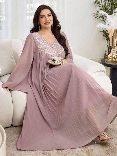Al Najma Đầm maxi dài tay xếp ly dáng rộng, màu trơn lãng mạn, chất liệu chiffon, thêu họa tiết, cổ tròn, dáng suông, thích hợp cho mùa xuân/hè, dành cho nữ, cỡ lớn.