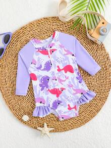 Bañador de protección solar con estampado de peces de dibujos animados de manga larga para niñas bebé para la playa y vacaciones - Multicolor - Ver 1