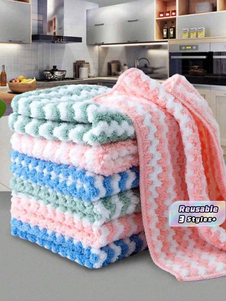 SHEIN 1 cái/5 cái/10 cái Khăn lau bát đĩa nhà bếp dày dặn, lượn sóng, chất liệu lông cừu san hô, chống dính, dùng để lau chùi và tẩy dầu mỡ, nhà bếp, phòng tắm, gia đình.