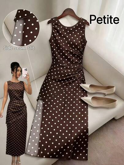 SHEIN PETITE Women's Casual Brown Polka Dot Sleeveless Long Dress With Round Neck And Wrap Details