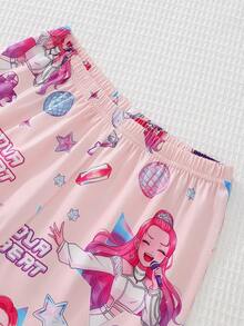 女童甜美可爱优雅休闲舒适柔软透气卡通少女团体印花针织开衫短袖上衣和短裤睡衣套装，2件套 - 彩色 - 查看 6