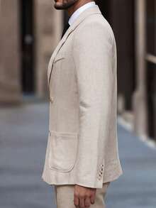 Manfinity Mode Men's Solid Color Lapel Neck Double-Breasted Business Travel Suit Jacket, Ceremony, Formal - Beige - View 4