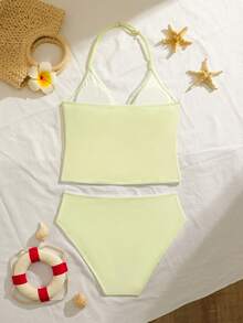 SHEIN 2件套少女碎花花瓣滚边弹力速干舒适针织泳衣套装，适合海滩、泳池、海边、冲浪、度假、夏季旅行 - 黃色 - 查看 2