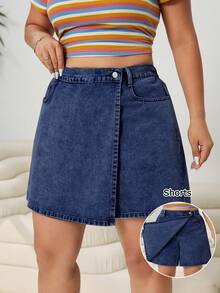 Solflare Plus Size Women Fashion Versatile Pocketed Denim Skirt Shorts - Dark Wash - View 8