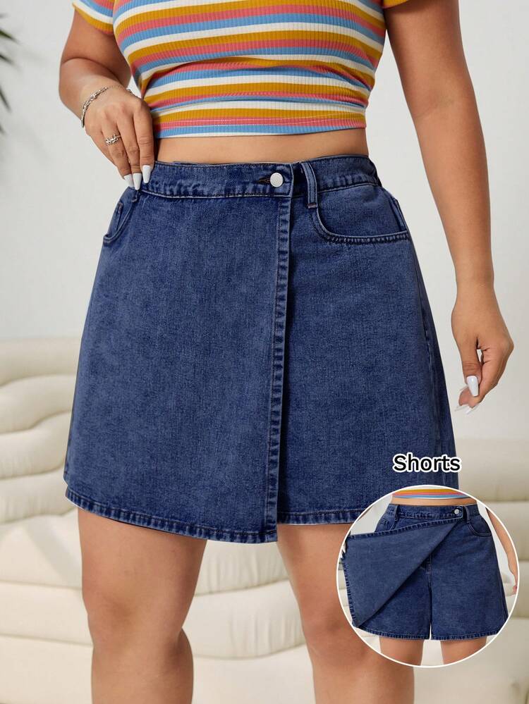 Solflare Plus Size Women Fashion Versatile Pocketed Denim Skirt