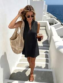 RiviMae Women's Fashionable Versatile Minimalist Elegant Stand Collar Sleeveless Dress, Suitable For Commuting In Spring And Summer - Black - View 4