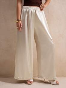 Elegantrix Calça pantalona de cetim com detalhes em pérola, ideal para encontros casuais, festas e para o dia a dia, perfeita para a primavera/verão. - Damasco - Ver 7