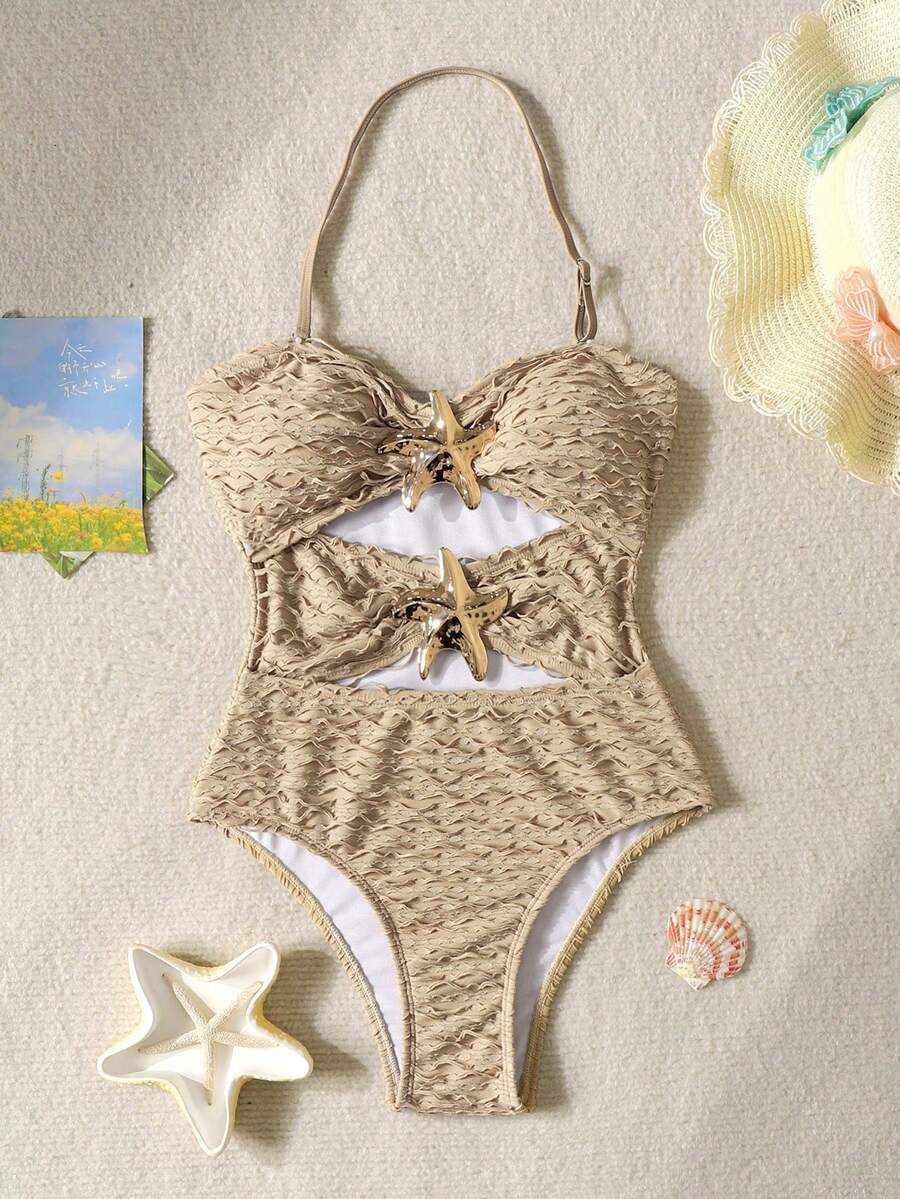 SHEIN 少女度假露背V领金属海星纯黄色纹理针织连体泳衣，纹理针织面料金属海星装饰露背连体泳衣，夏季度假沙滩装，泳装，适合度假和假日夏季沙滩穿着 - 黃色 - 查看 1