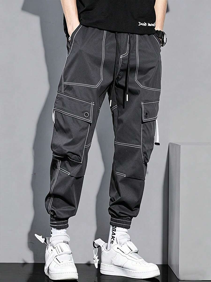 Manfinity Hypemode Men's Casual Cargo Pants With Pockets, Versatile For Daily Wear - Dark Grey - View 1