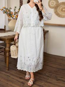 Lacomfia Plus Size 3/4 Sleeve Embroidered & Printed A-Line Skirt Set, Elegant Casual Resort Wear For Women - Apricot - View 6