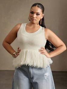Vixey Áo peplum không tay dệt kim gân viền tua rua - Màu be - Xem 2