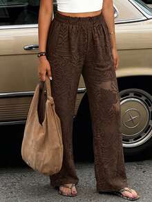 GlowEve CURVE Plus Size Women's Spring/Summer Semi-Sheer Jacquard Elastic Waist Loose Straight Leg Pants, Versatile For Commuting, Business, Shopping And Daily Wear - Brown - View 7