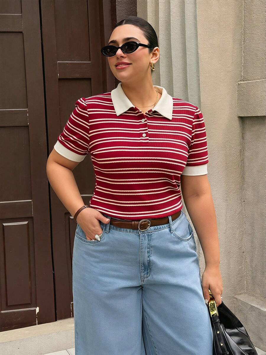 Dripcurv Burgundy And Striped Polo Shirt For Women Stylish Collared Short Sleeve Top - Burgundy - View 1