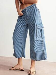 Bohemela Pantalones capri rectos de mujer con rayas tejidas de estilo casual - Azul lavado medio - Ver 1