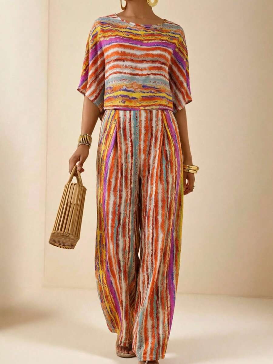 Vesra Women's Vacation Style Colorful Striped Batwing Sleeve Top + Matching Wide Leg Pants 2 Pieces Set - Multicolor - View 1