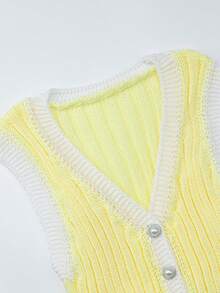 SHEIN Franclia Women's Casual Ribbed Single-Breasted Knit Top, Versatile For Daily Wear - Light Yellow - View 4