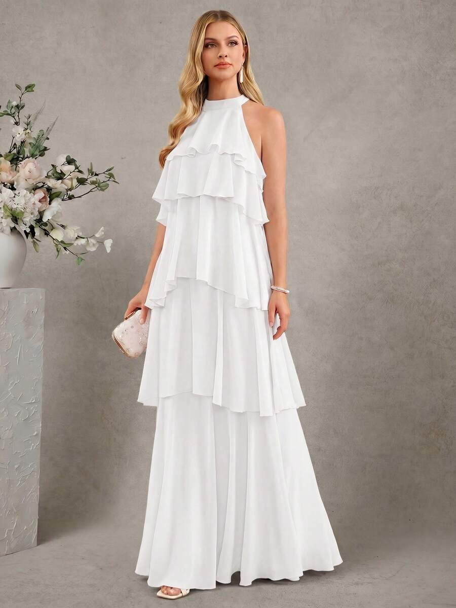 Amorya Summer Dress Women's Elegant Romantic White Halter Neck Layered Ruffle Hem Flowy Long For Wedding Dinner Date Bride Bachelorette Formal - White - View 1