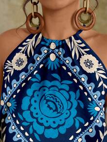 Travachic Blusa casual con cuello halter y estampado floral para tallas grandes - Azul - Ver 7